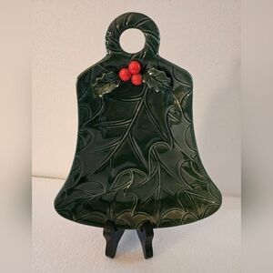 Lefton Dark Green Holly Bell Ceramic Decor